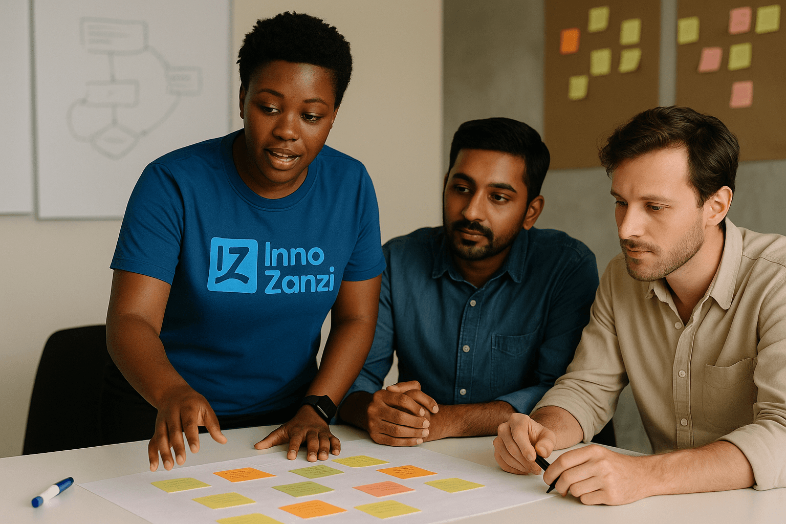 Placeholder illustration — replace with a photo of InnoZanzi facilitators guiding a co-design workshop.